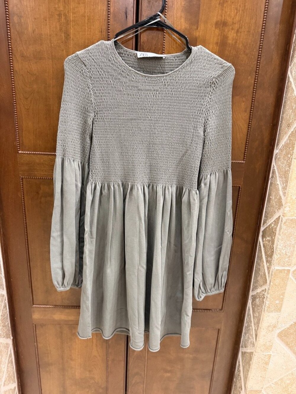 Zara Smocked Babydoll Mini Dress in Olive